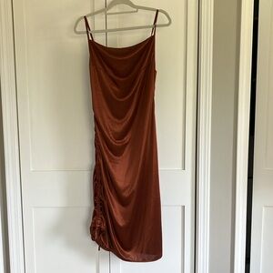 Slinky bronze slip dress size small, cinching ties at side!